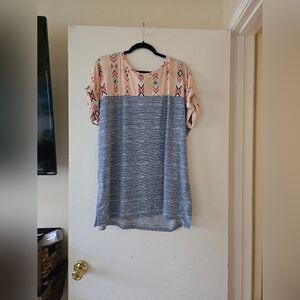 Lularoe Striped Leah Shoulder Cuff Blue & Peach Tunic Top